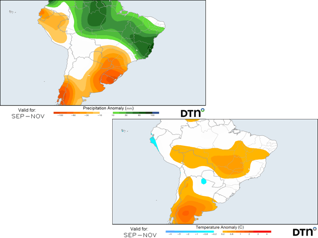 A general hot and dry spring is forecast for the start of South America&#039;s growing season, but there are some differences in models and the DTN forecast. (DTN graphics)